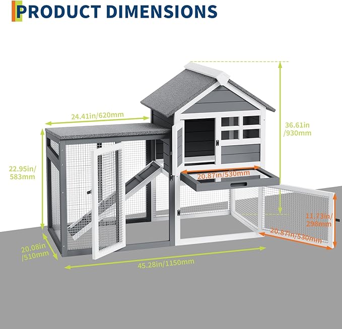 Rabbit Hutch Bunny Cage Indoor Outdoor, Small Wooden Chicken Coop, with Waterproof Roof, Pull Out Tray and Anti-Slip Ramp (45.28" L x 20.08" W x 36.61" H)