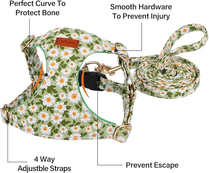 CHEDE No Pull Floral Pattern Dog Harness- Lightweight and Soft, Adjustable Small Dog Harness and Leash Set, with Dog Leash, Suitable for Puppy Small and Medium-Sized Dog (M, Green Daisy)
