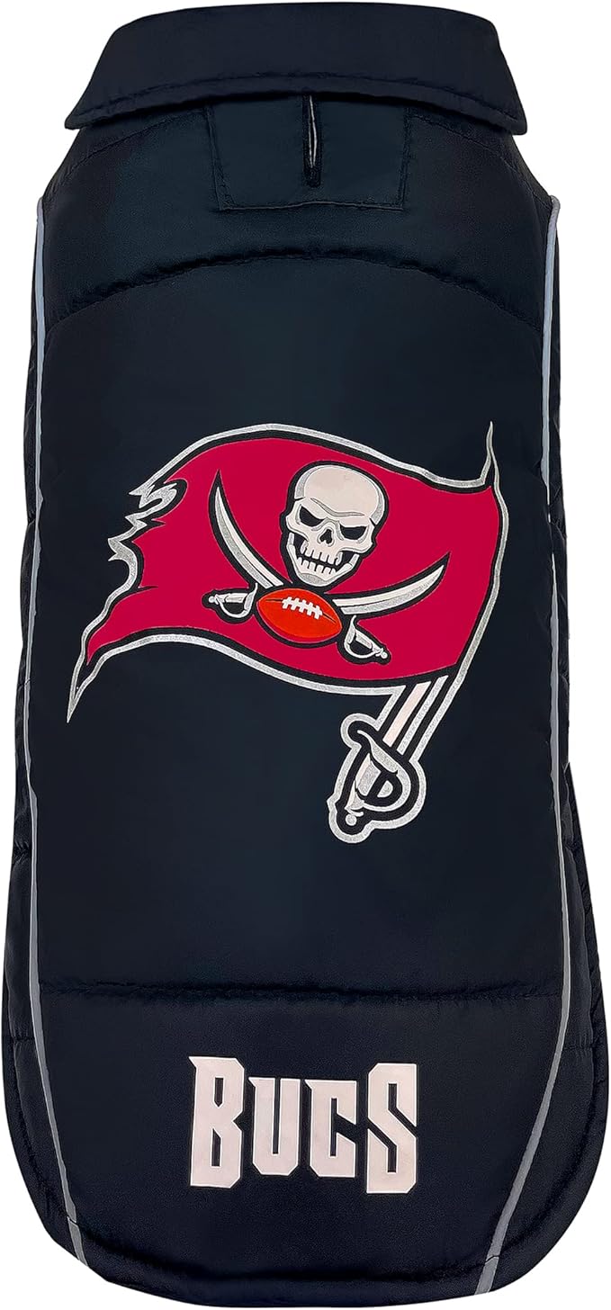 NFL Tampa Bay Buccaneers Puffer Vest for Dogs & Cats, Size Small. Warm, Cozy, and Waterproof Dog Coat, for Small and Large Dogs/Cats. Best NFL Licensed PET Warming Sports Jacket