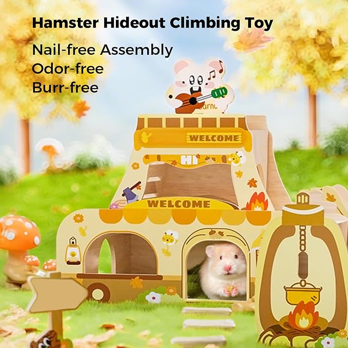 mini&moe Camping Hamster Houses and Hideouts – Wooden Multi-Room Hamster Hideout Small Animal Habitat Decor Shelter with Platform for Dwarf Gerbils Chinchilla Rat Mouse