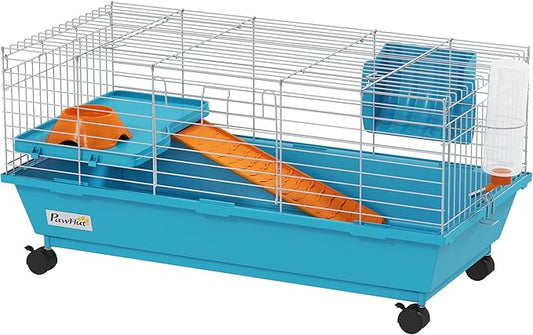 PawHut 35" L Small Animal Cage, Rolling Bunny Cage, Guinea Pig Cage with Food Dish, Water Bottle, Hay Feeder, Platform, Ramp for Chinchilla, Blue