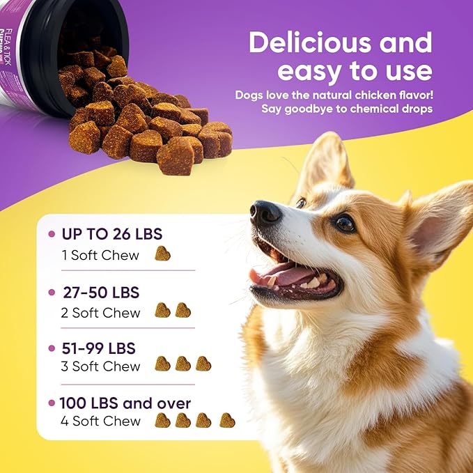 Dog Flea and Tick Treatment Chewable 200 Treatment Chews Natural Soft Chew Fleas Ticks Treatment Dog Oral Chewables Support Supplement Pest Defense Breeds and Ages Dogs Chicken Flavor