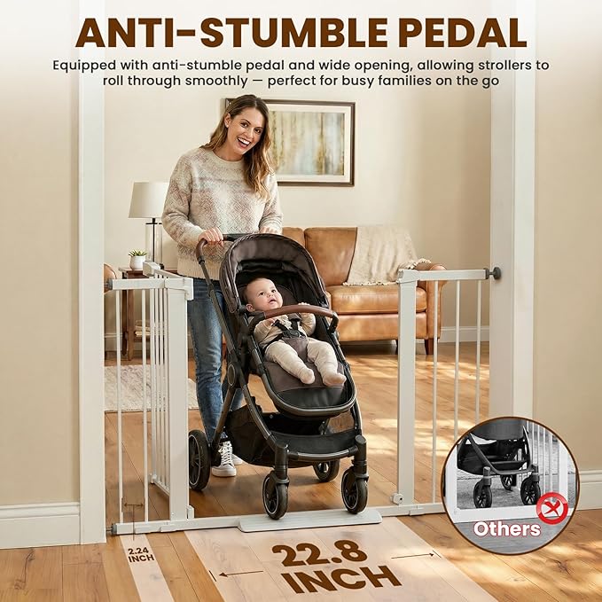 Mumeasy 29.6-46" Baby Gate for Stairs, Pressure Mounted Dog Gate for Doorways, Auto Close Pet Gate for Indoor Use, Extra Wide Child Gate with Walk Thru Door White, Mom's Choice Awards Winner