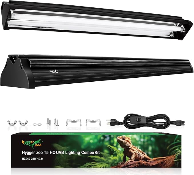 T5 UVB Reptile Light Fixture Upgrade Burn-proof HO UVB Bulb Lighting Combo Kit 10.0 UVB Light for Reptile Terrarium Fluorescent 24W Reptile Light Bar UVA UVB Desert Lamp for Bearded Dragon Turtle Tank