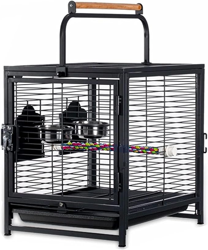 Portable Bird Carrier for Parrots - Lightweight Metal Travel Cage with Feeding Cups, Breathable Design, and Slide-Out Tray for Indoor & Outdoor Use