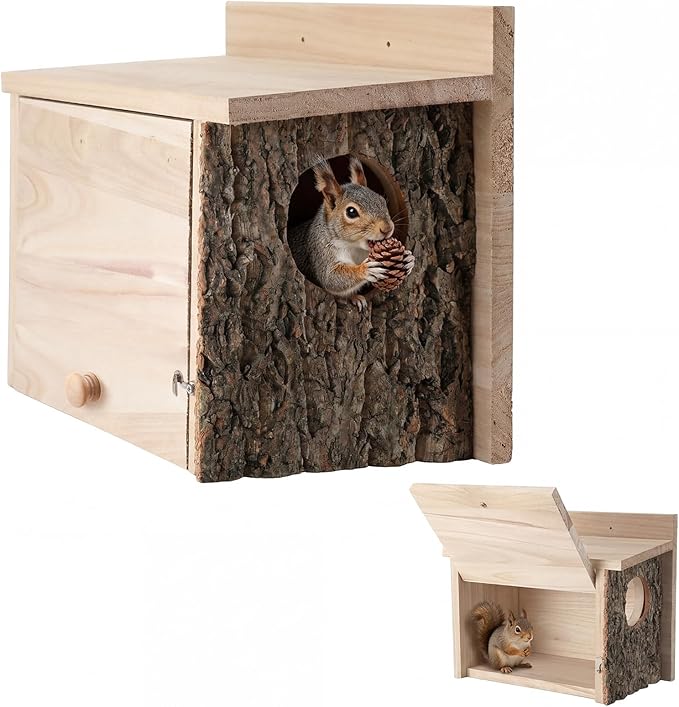 Wonderjune 1 Pcs Large Squirrel Nesting Box Squirrel House for Outside Nesting Hanging Handcraft Thick Wood Winter Chipmunk Outdoor Shelter Garden Yard Support Local Wildlife Easy Install(Horizontal)