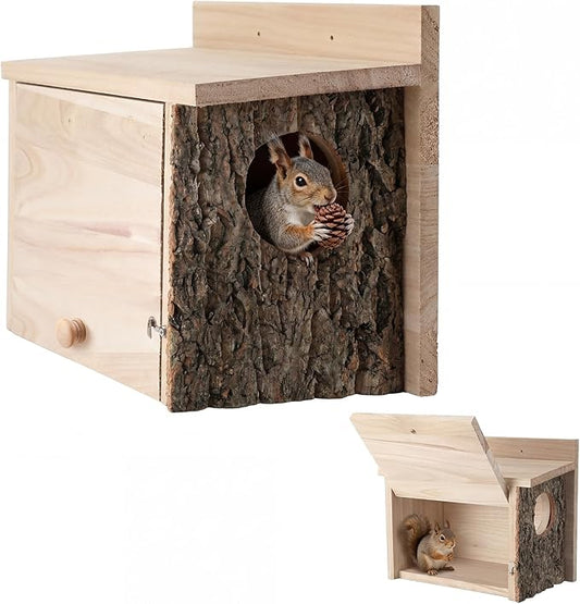 Wonderjune 1 Pcs Large Squirrel Nesting Box Squirrel House for Outside Nesting Hanging Handcraft Thick Wood Winter Chipmunk Outdoor Shelter Garden Yard Support Local Wildlife Easy Install(Horizontal)