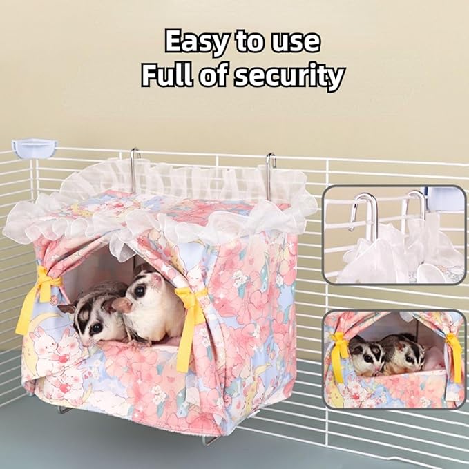 Rat Hammock for Cage Chew Proof Rat Toys Warm Bed, Small Animal Hanging Stainless Steel Basket Ferret Cage Accessories and Habitats Removable Nest Mat for Hamster, Sugar Glider, Hedgehog (Pink)