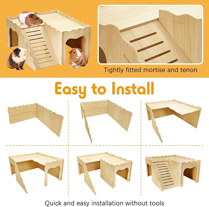 BNOSDM Upgraded Wooden Guinea Pig Hideout with Stair & Loft 2 Tier Detachable Cavy Castle 2 Door Small Animal House Habitat Dwarf Rabbit Climbing Toy Accessories for Cage