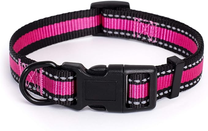 Mile High Life Night Reflective Double Adjustable Band Nylon Small Puppy Pet Dog Combo Collar Leash and Harness Set (Reflective Edge Pink, Mediun (Pack of 3))