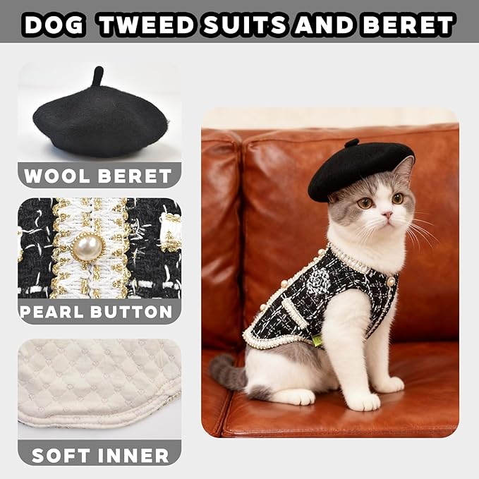 Luxury Dog Clothes Tweed Suits and Beret Hat,Black Winter Warm Pet Coat Vintage Jacket Vest,Cat Artist Costume Cosplay Party Outfits for Small Medium Dogs,L