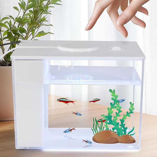 Mini Fish Tank Betta Aquarium Starter Kits Multifunctional Desktop LED Aquarium with Switch Button White, 1 Gallon
