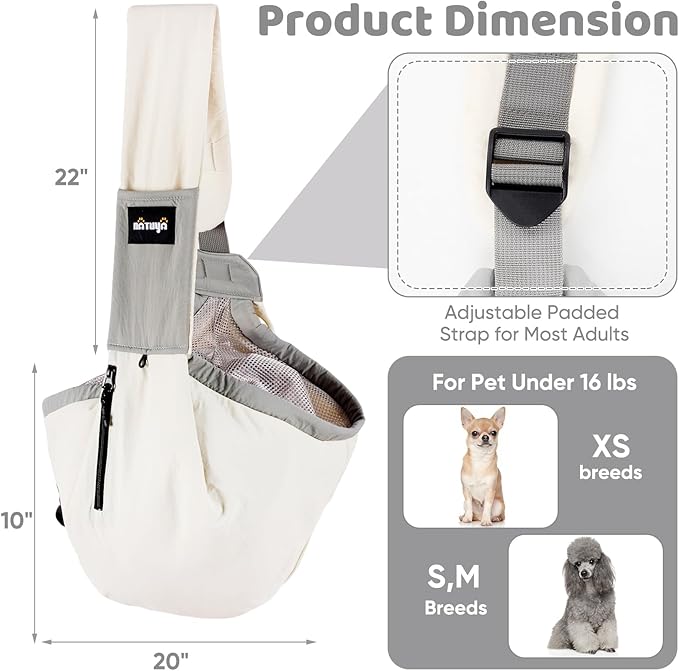 NATUYA Dog Sling Carrier for Small Dogs, Lightweight Cozy Puppy Carrier with Zip Pockets Adjust Strap, Size Adjustable, Double Safety, Hands-Free Travel Carrier for Pet Under 15lbs