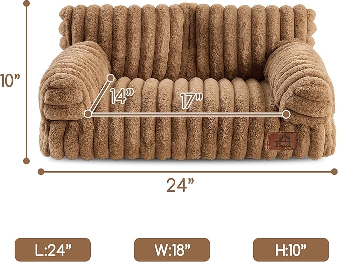 Hollypet Fluffy Dog Cat Bed Pet Couch Beds Plush Soft Warming Washable Puppy Bed for Small Medium Dogs and Large Cats, Brown, 24" L x 18" W x 10" Th