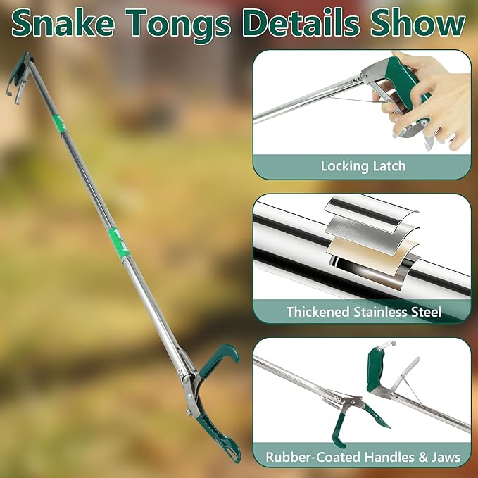 50 Inch Collapsible Snake Tongs, Heavy Duty Rust Proof Stainless Steel Snake Grabber Tool with Non-Slip Rubber Coated Jaw & Handle, 3-Section Folding Reptile Catcher for Catching & Wildlife Handling