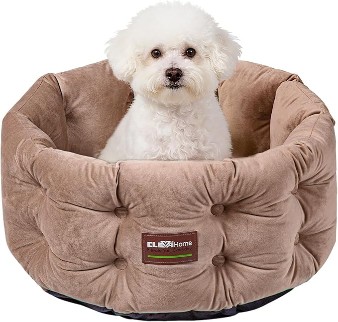 ClevaHome Deep Nest Cat Bed for Small Pets up to 15lbs - Round Cat Beds for Indoor Cats, Luxurious Velvet Feel, Extra High Sides, Machine Washable Comfort Pet Bed with Non-Slip Bottom (Warm Beige)