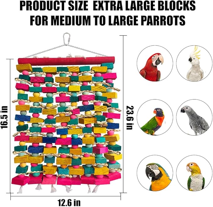 Extra Large Bird Toys for Macaws, Multicolored Wooden Blocks Bird Chewing Toy Parrot Cage Bite Toy for Macaws Cokatoos African Grey and Large Medium Parrot Birds