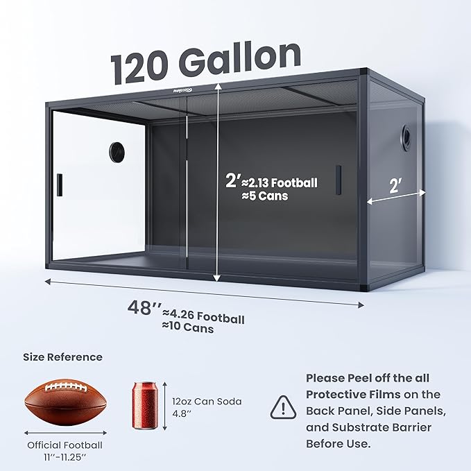 Phailozoo 120 Gallon Bearded Dragon Tank,48" x 24" x 24" Reptile Tank with Sliding Door Top Screen Ventilation, Front Opening Reptile Enclosure for Easy Maintenance
