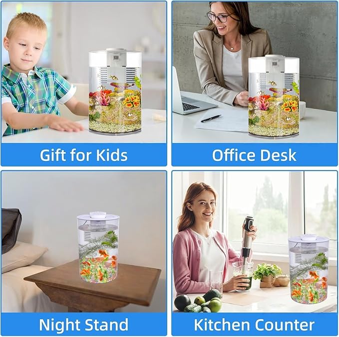 Desktop Fish Tank 3 Gallon Self-Cleaning, Nano Aquarium Goldfish Tank Starter Kit with LED Light & Filter, 360 View for Small Fish, Kids Room & Home Decor (17Color Modes, Large)