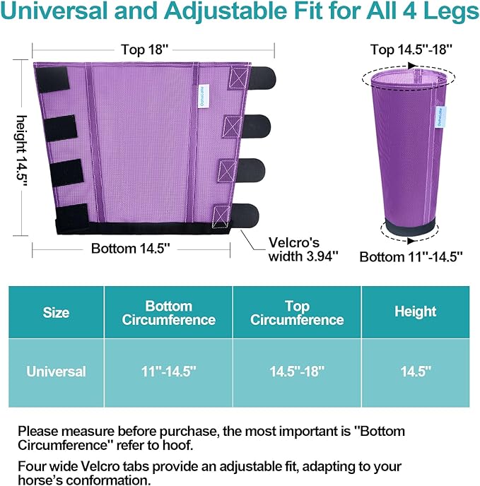 Mesh Horse Fly Boots Set of 4, Loose Fitting Leggings for Horses, Reduce Stressful Stomping, Breathable Adjustable and Universal Fit for 4 Legs, Reliable Stay Put (Purple)