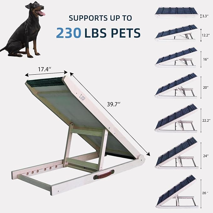 ZJSF Foldable Dog Ramp for High Bed, Wooden Dog Stairs to Bed for Small and Large Dogs, High Traction Platform with 6 Adjustable Heights (12.2"-26"), 39.7", Supports up to 230 lbs