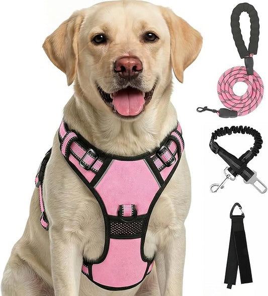 FURRYFECTION XL No Pull Dog Harness, Reflective Vest, Adjustable, Soft Padded, Front Lead, Leash, Seat Belt, Pink