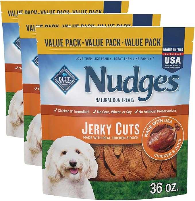 Blue Buffalo Nudges Jerky Cuts Dog Treats, Made in the USA with Natural Ingredients, Chicken & Duck, 36-oz Bag (Pack of 3)