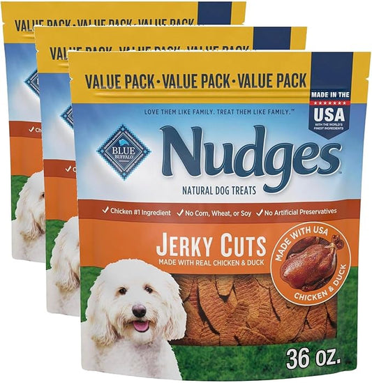 Blue Buffalo Nudges Jerky Cuts Dog Treats, Made in the USA with Natural Ingredients, Chicken & Duck, 36-oz Bag (Pack of 3)