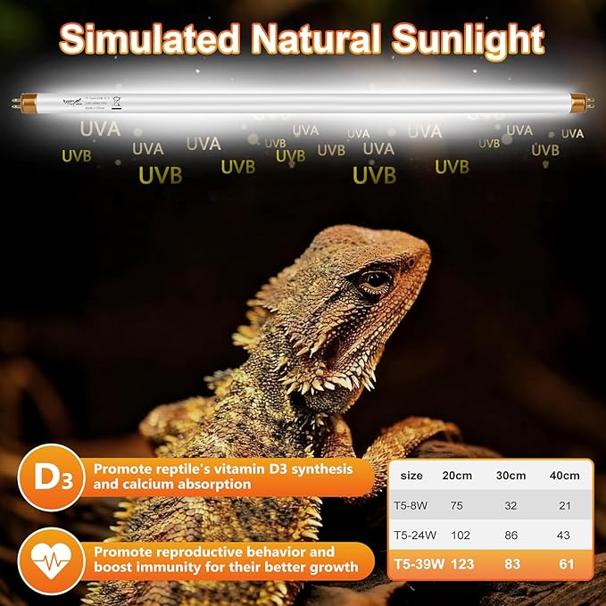 UVB Light for Reptiles Bearded Dragon, 3 Pack T5 UVB Reptile Light UVB Bulb 10.0 39W UVA UVB Reptile Light Bulb Terrarium Light Lamp Tube for Turtle Chameleon Leopard Gecko Snake Tank, 34 Inch