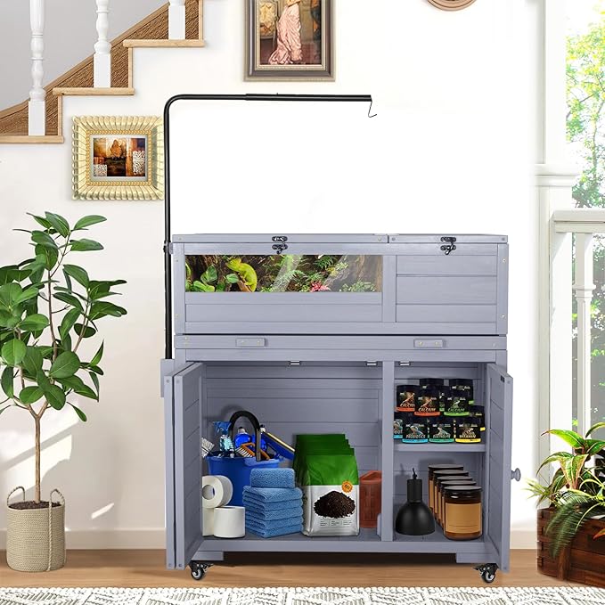 Agitree Premium Reptile Habitat Enclosure for Tortoises, Lizards, and Snakes - Adjustable Lighting, 360° Wheels, Easy-Clean Design, and Secure Ventilation-（Light Gray