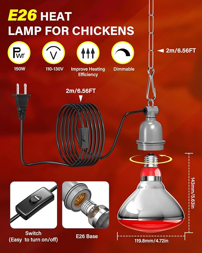 Heat Lamp Bulbs for Chickens Coop Brooder with Plug in Cord,On/Off Switch,150 Watt E26 Reptile Heat Lamp Bulb Infrared Red Light for Chicks,Birds,Ducks,Dogs,Cats