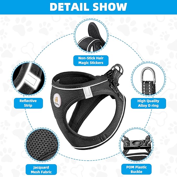 Hipubby Dog Harness and Leash Set, No Pull Soft Mesh Puppy Harness for Small Medium Dogs, Cats - Step in Adjustable Reflective Pet Harness with Buckle and Double D-Rings - Black, XS