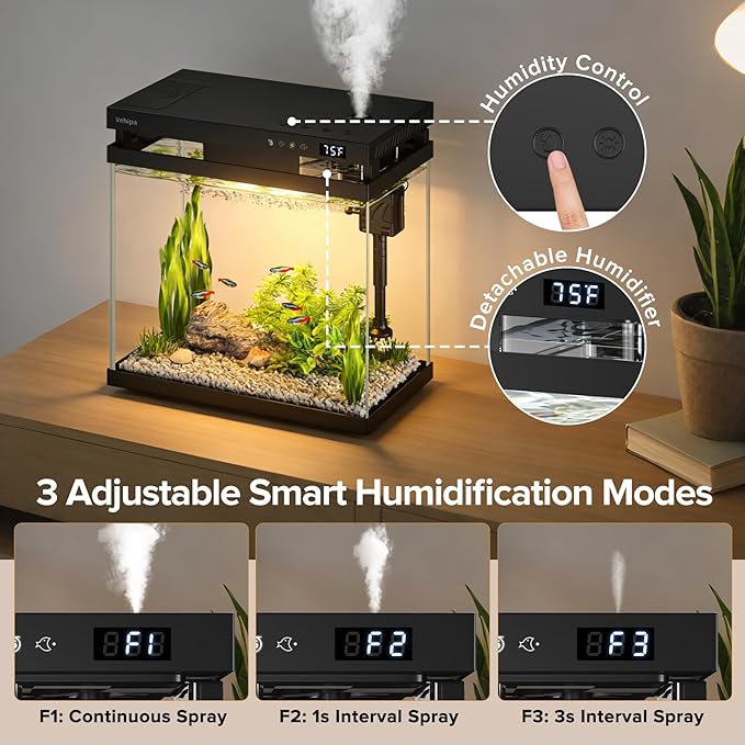 Fish Tank, 2.2 Gallon Smart Aquarium, Small Fish Aquarium Kits with Smart Humidifier, Auto Feeder, Silent Water Pump, Temperature Display & 7-Color Lighting, for Office & Home - Black