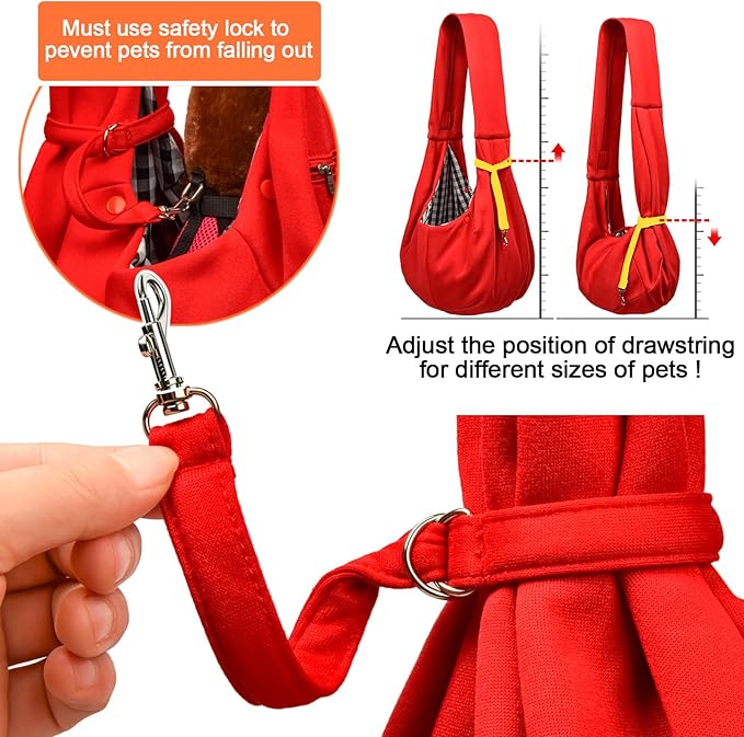 Tomkas Small Dog Sling Carrier - Zipper Pocket & Adjustable Strap & Zip Pocket - for 3-10 lbs Pets (Red, M - Zipper Pocket & Classic Strap)