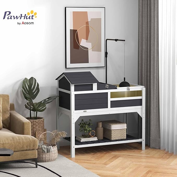 PawHut Tortoise Habitat with Adjustable Lamp Holder, 2 Layer Tortoise Enclosure with Storage Shelf, Removable Main House, Fixed Tray, Openable Lid, Gray