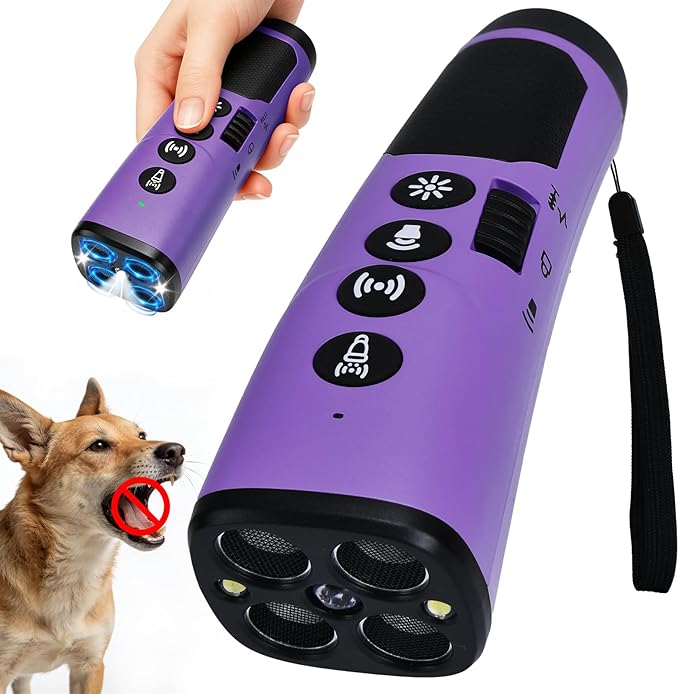 4X Ultrasonic Dog Bark Deterrent Device, 2026 Newest Stop Neighbors Dog Barking, 4 Nozzles Up 100% Efficiency, 3 Modes Humane Training Tool with Flashlight , Safe for Pet Indoor Outdoor(Purple)