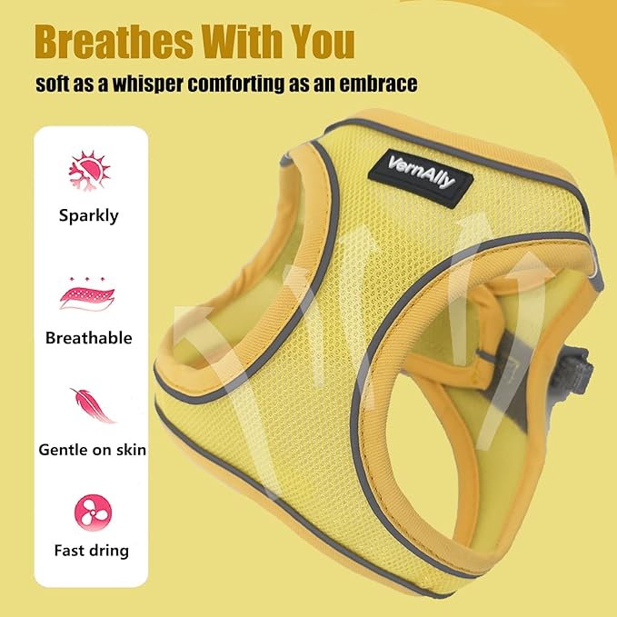 Sparkly Dog Harness Small Sized and Leash Set for Small Dogs Cats,Yellow XXS Puppy Harness, Step in Soft Dog Reflective Vest, Breathable Mesh Pet Harness. (Yellow, XXS)