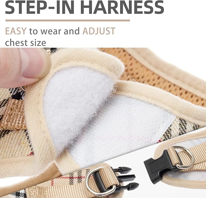 PUPTECK Adjustable Dog Harness Collar and Leash Set Step in No Pull Pet Harness for Small Medium Dogs Puppy and Cats Outdoor Walking Running, Soft Mesh Padded Reflective Vest Harnesses, Beige L