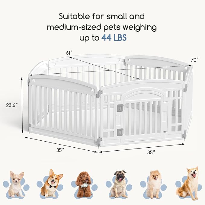 DUMOS Dog Playpen 6 Panels 24" Plastic Exercise Fence Pen with Door Small Puppy, Medium Dogs Animal Pet for Outdoor, Garden, Yard, RV Camping(White)
