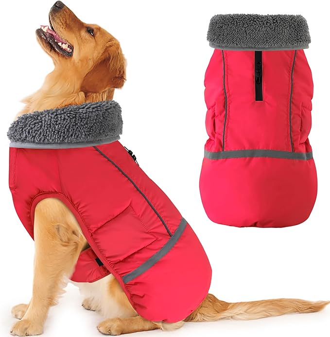 Dogcheer Warm Dog Coat, Christmas Dog Jacket Waterproof Puppy Winter Coat with Buckles, Reflective Adjustable Pet Snow Jacket Turtleneck Fleece Sweater for Small Medium Large Dogs - Red, 3XL