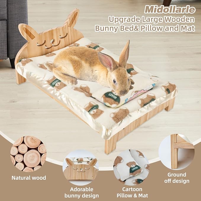 Upgrade Large Wooden Bunny Bed with Pillow and Mat, 2 in 1 Folding Pet Bed for Rabbit Guinea Pig Hamster Ferret Chinchilla Kitten Bunny Sleeping Habitat, Detachable Wood Small Animal Bed