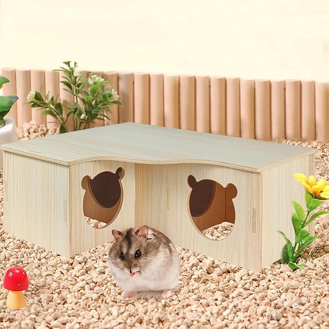 Multi-Chamber Wooden Hamster Hideouts Cages Accessories House Maze Hut Wood Habitats Decor Tunnel Exploring Toys for Syrian Dwarf Gerbils Mice Lemmings Small Animals