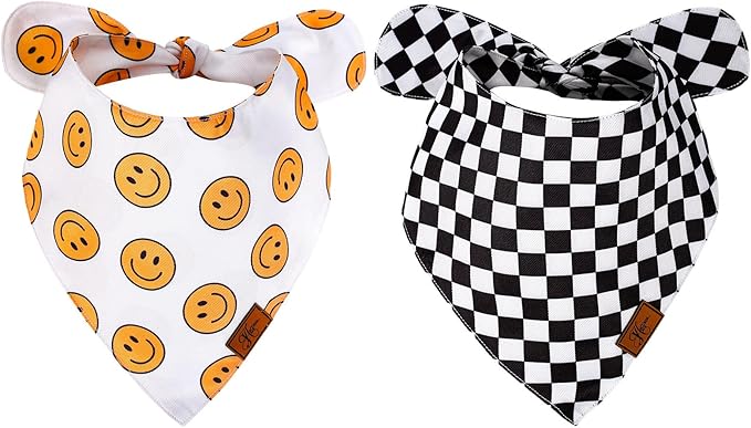 JarThenaAMCS 2Pcs One Happy Dude Dog Bandana Boho Smile Face Checkerboard Print Fabric Pet Scarf Medium Sizes Adjustable Pet Neckerchief Bibs for Cat Dog Birthday Costume Accessories