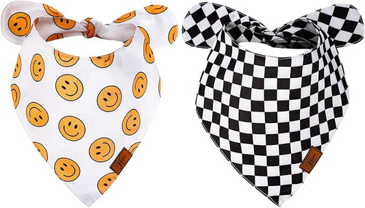 JarThenaAMCS 2Pcs One Happy Dude Dog Bandana Boho Smile Face Checkerboard Print Fabric Pet Scarf Medium Sizes Adjustable Pet Neckerchief Bibs for Cat Dog Birthday Costume Accessories