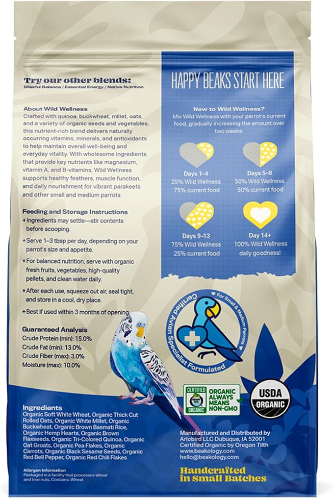 Wild Wellness Organic Parakeet Food, USDA Certified, Non-GMO, for Parakeets and Budgies, 1 lb
