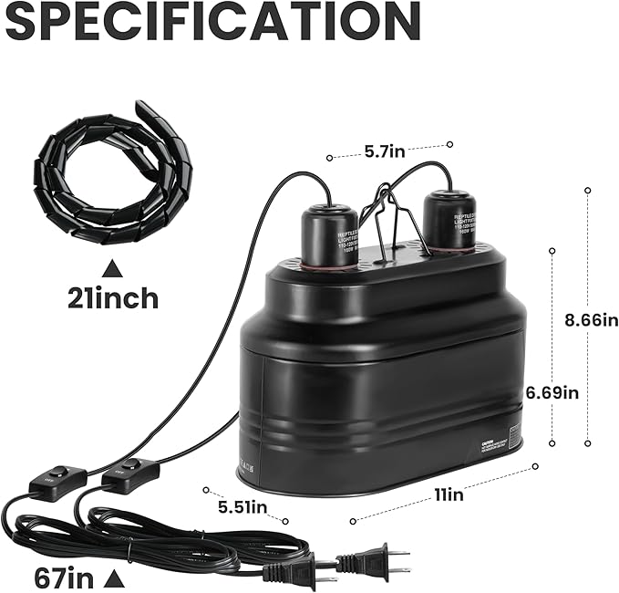 Simple Deluxe Dual Dome Reptile Light Fixture with Separate Switches, Fits Max 160W Reptile Heat Lamp/UVB Light, for Amphibians Terrarium and Tortoise Habitat