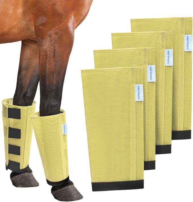 Mesh Horse Fly Boots Set of 4, Loose Fitting Leggings for Horses, Reduce Stressful Stomping, Breathable Adjustable and Universal Fit for 4 Legs, Reliable Stay Put (Pale Yellow)