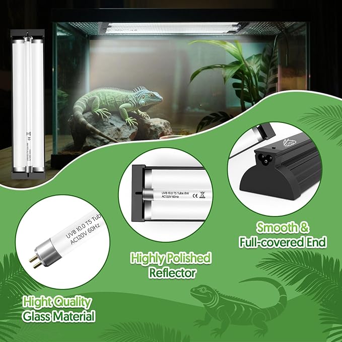 QZQ T5 UVB Reptile Light Fixture Combo Kit 8W, 10.0 UVB Light for Reptiles, Terrarium Hood Comes with Desert UVB Lamp for Bearded Dragon, Gecko, Tortoise, Lizard