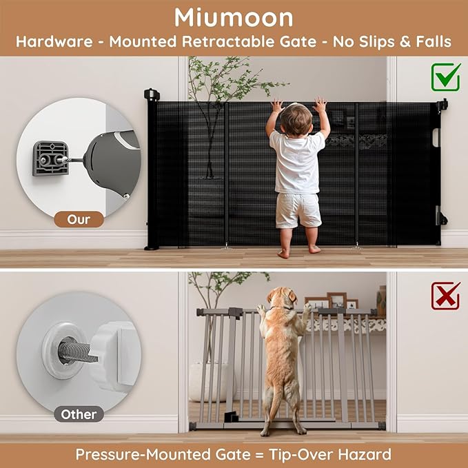 Miumoon One-Hand Operation Retractable Baby Gates, 200 inch Retractable Gate with Reinforced Strip Design to Prevent Crawling Through, 16 FT Outdoor Retractable Gates Extra Wide for Garage