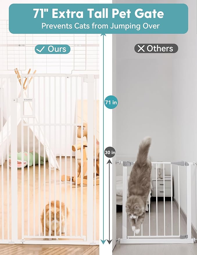No Pawblems 71" Extra Tall Pet Gate, 29-43" Auto Close Cat Gate for Doorways/Stairs/Hallways, NO Drilling Pressure Mounted Tall Dog Gate, 1.37" Ultra Narrow Spacing, White